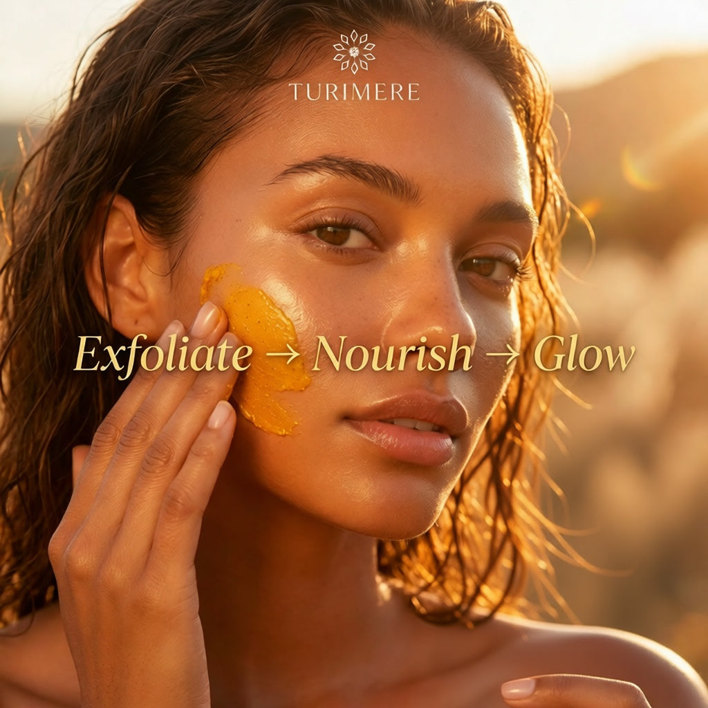 Woman applying a facial mask with 'TURIMERE' branding, featuring text 'Exfoliate -> Nourish -> Glow'.